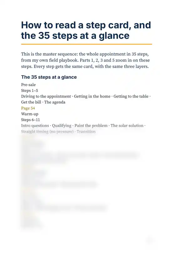 Book 2 page showing the 35 steps at a glance, partly blurred